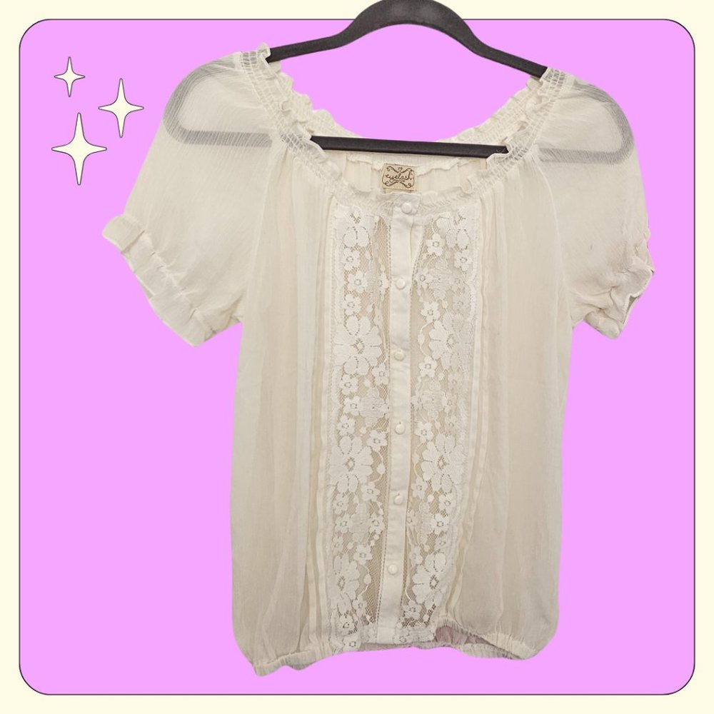 Sheer Off the Shoulder Lace Prarie Cottagecore Hippie Gauzy Blouse Size M